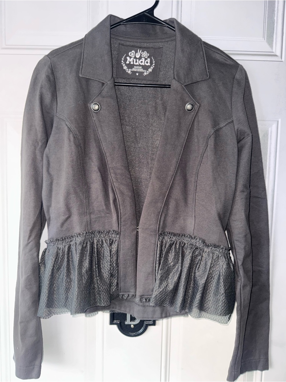 Y2K Mudd Gray Women's Ruffle-Hem Blazer Jacket